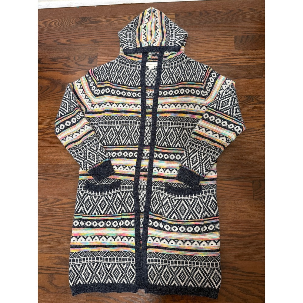 Monteau Los Angeles Fair Isle Hooded Cardigan Grey Multi Geometric Duster M